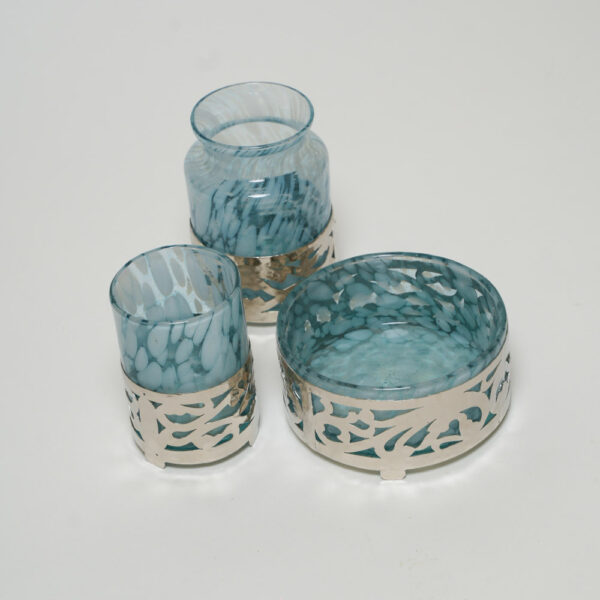 Accessoires salle de bain "bleu gris tacheté"